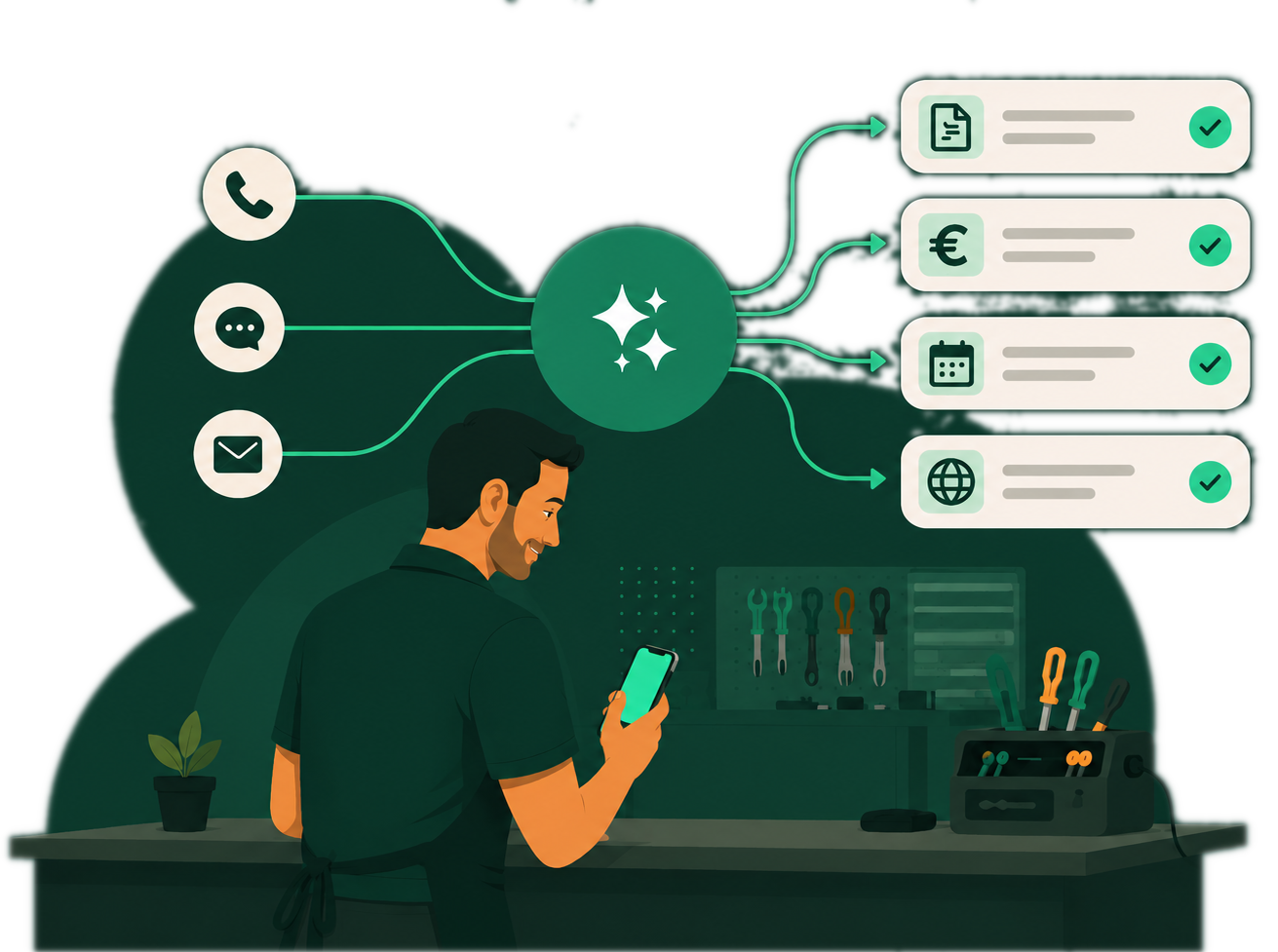 Illustratie van een reparateur die via zijn telefoon een digitale assistent gebruikt voor intake, prijsopgave, planning en website-updates